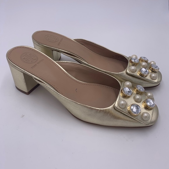 gold block heel mules